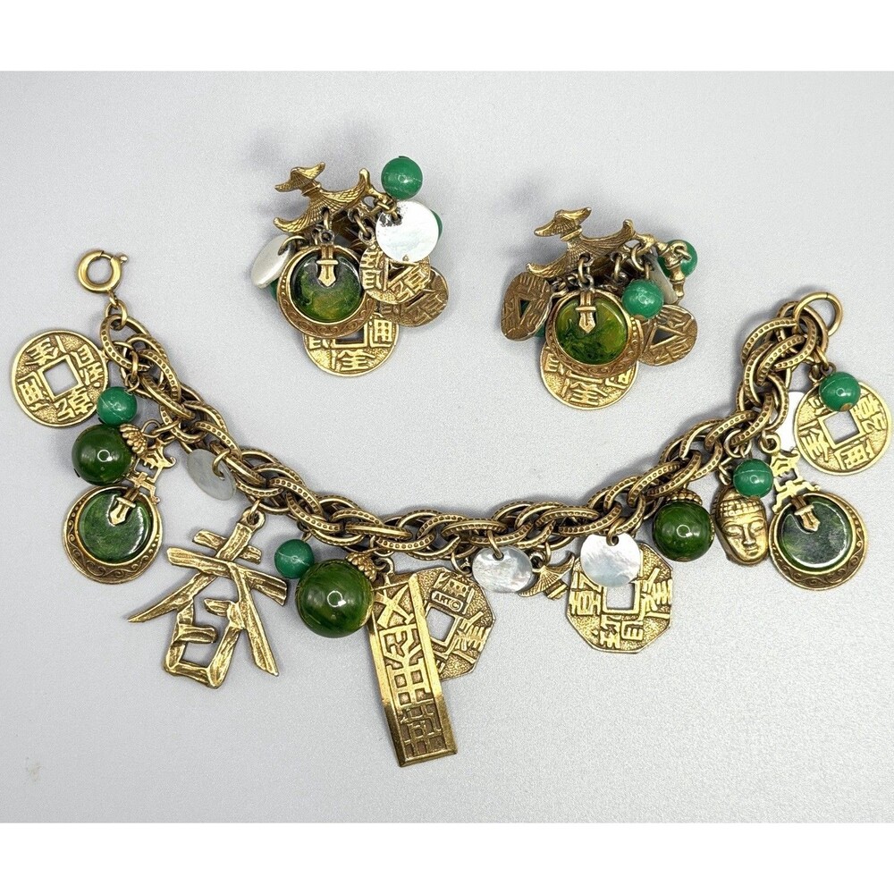 Vintage ART Arthur Pepper Charm Bracelet Earrings Set Chinoiserie Mode Art